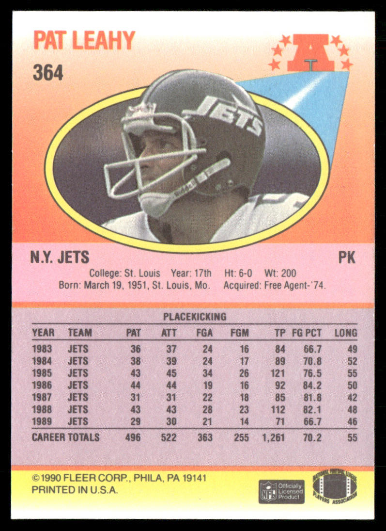 Pat Leahy 1990 Fleer #364 New York Jets