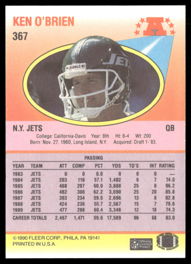 Ken O'Brien 1990 Fleer #367 New York Jets