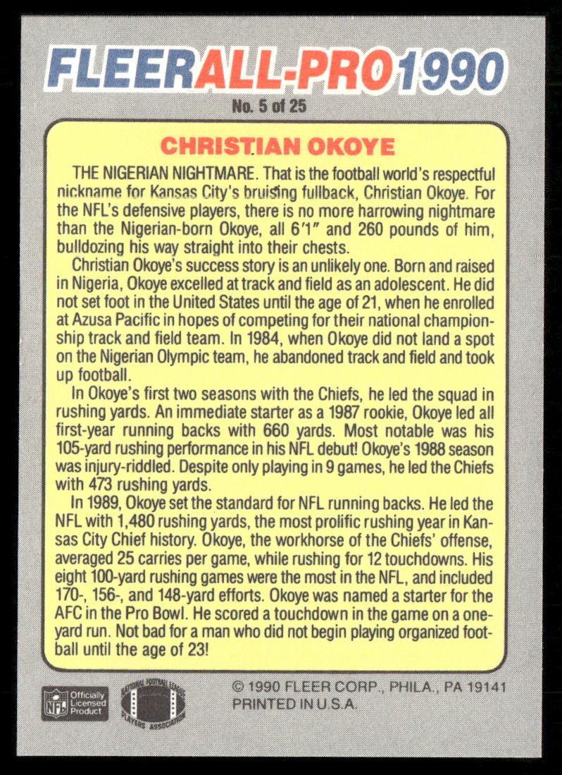Christian Okoye 1990 Fleer All-Pro #5 Kansas City Chiefs