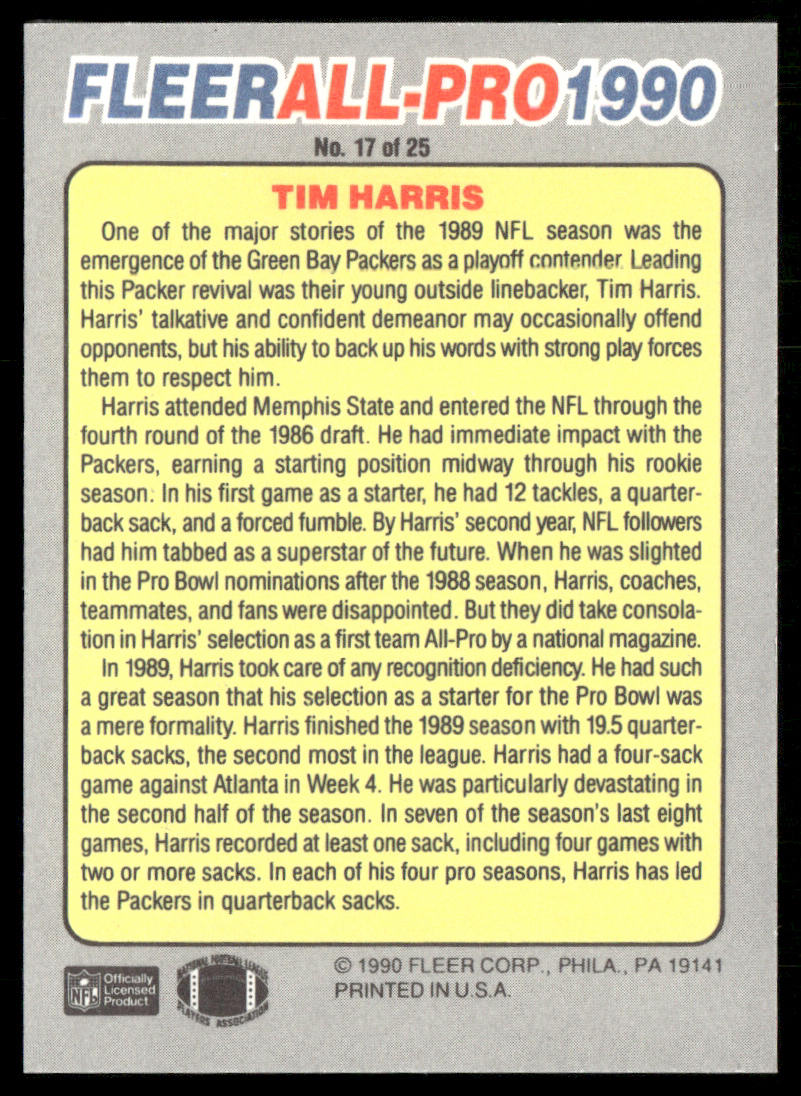 Tim Harris 1990 Fleer All-Pro #17 Green Bay Packers