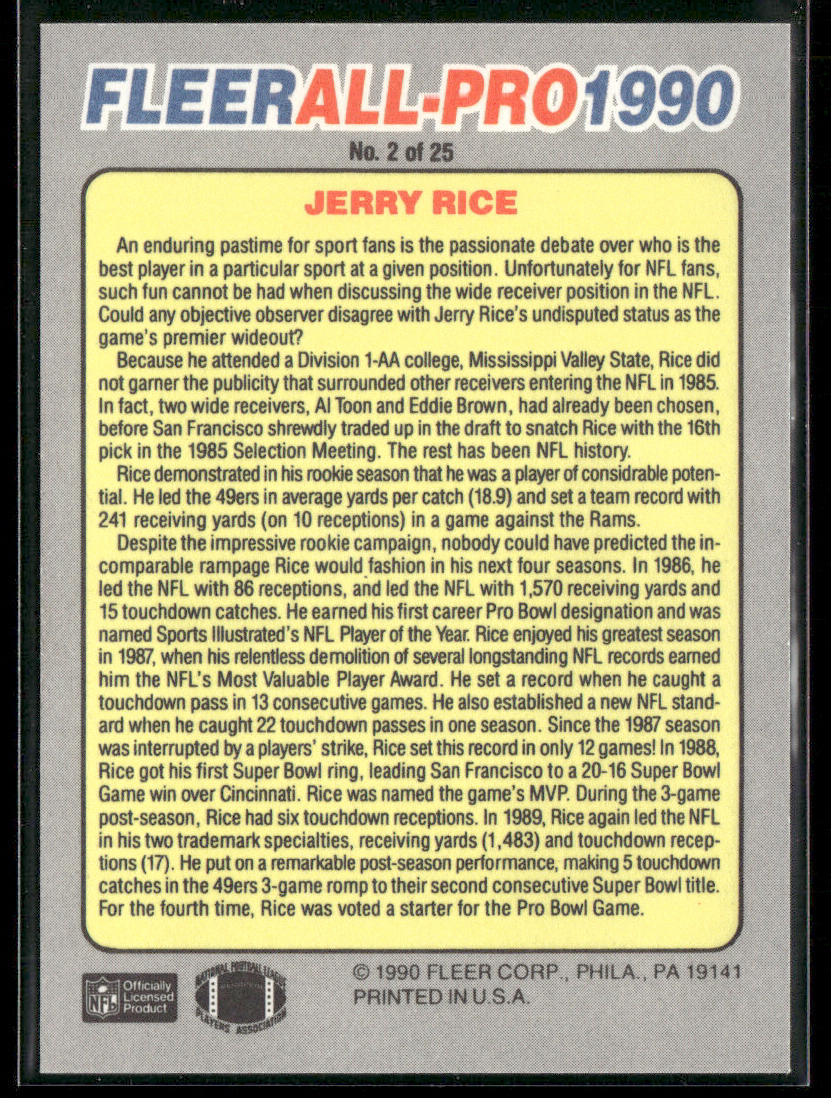 Jerry Rice 1990 Fleer All-Pro #2 San Francisco 49ers