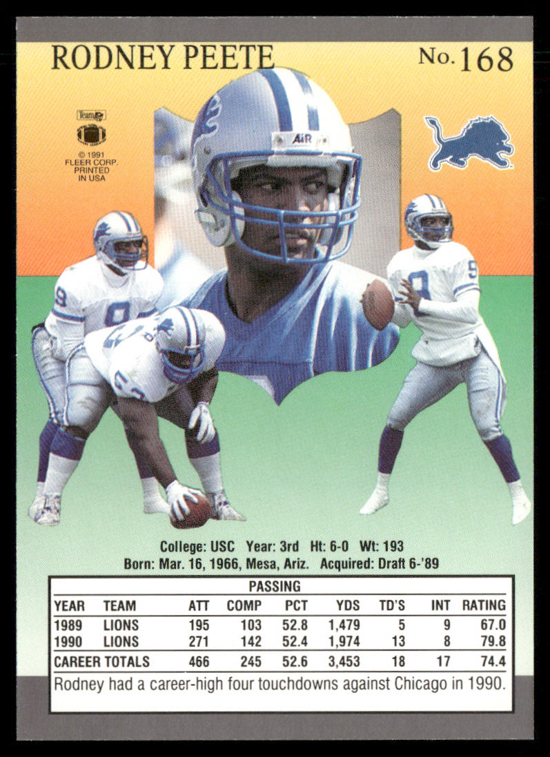 Rodney Peete 1991 Ultra #168 Detroit Lions