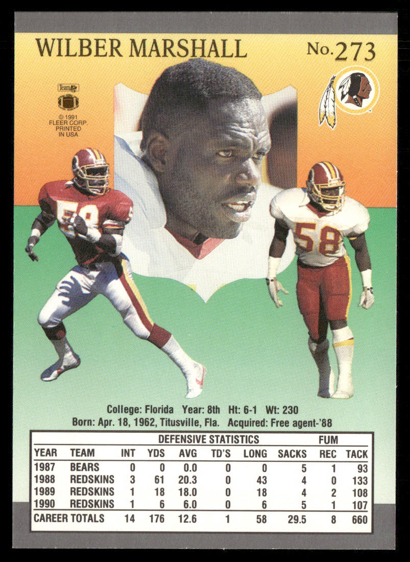 Wilber Marshall 1991 Ultra #273 Washington Redskins