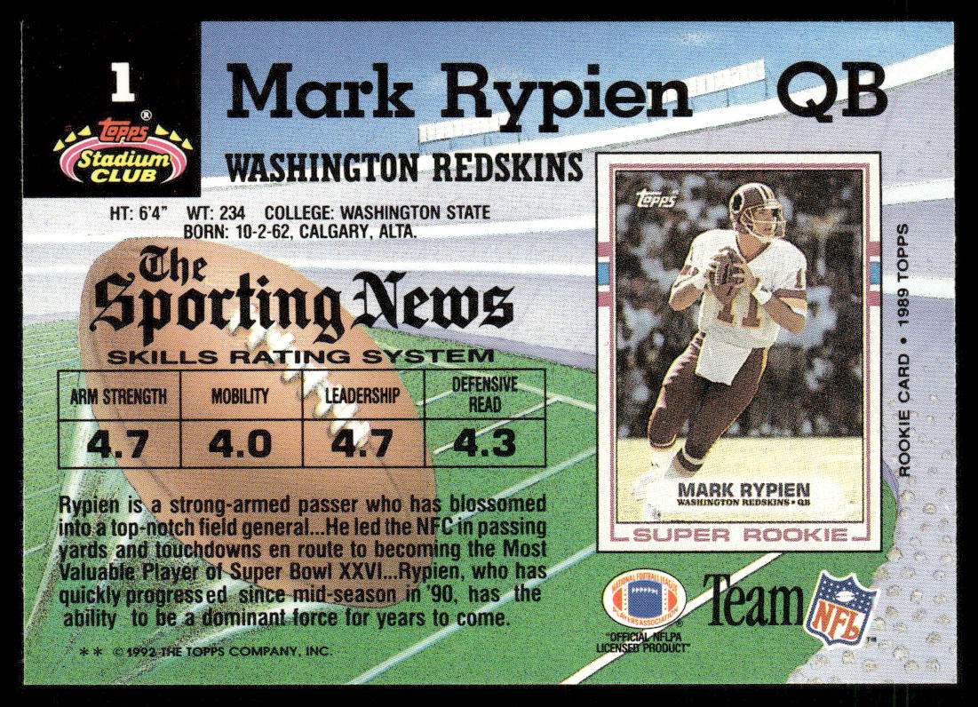 Mark Rypien 1992 Stadium Club #1 Washington Redskins