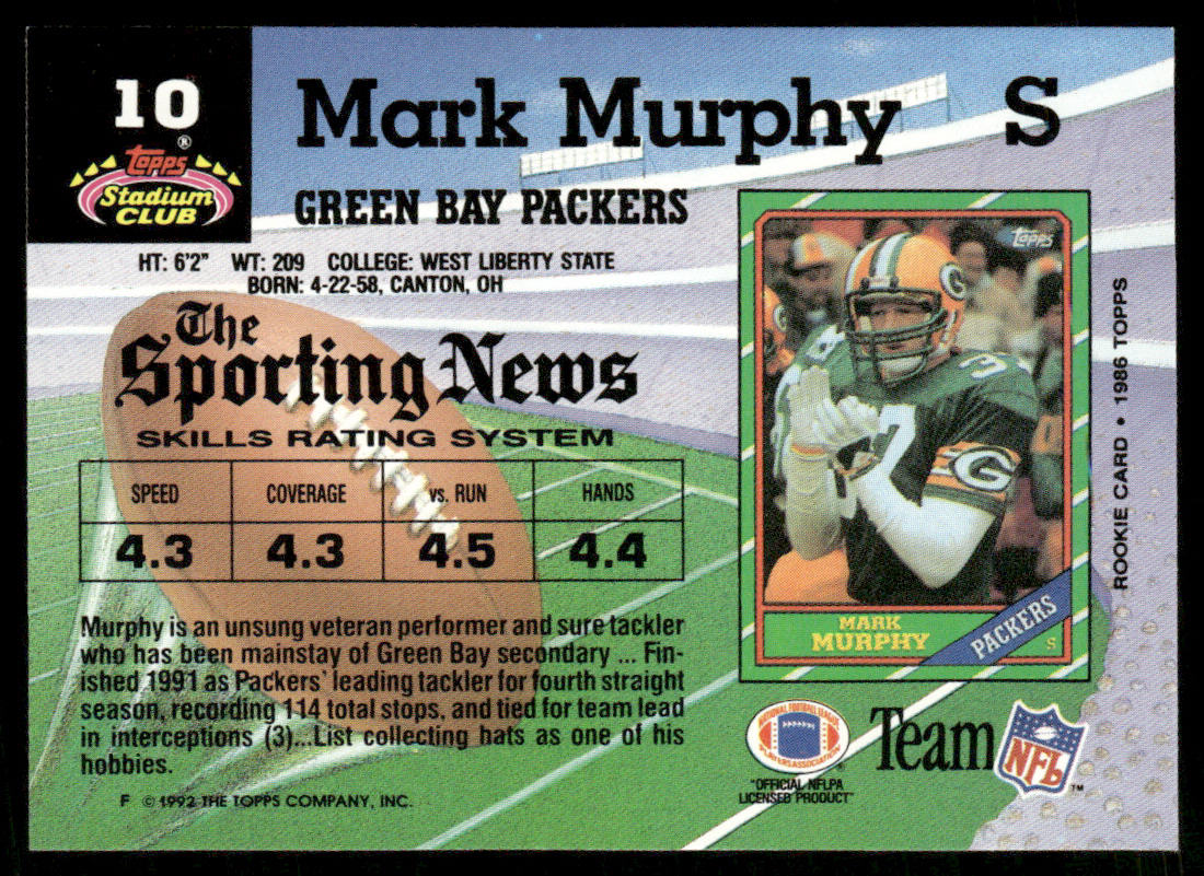 Mark Murphy 1992 Stadium Club #10 Green Bay Packers