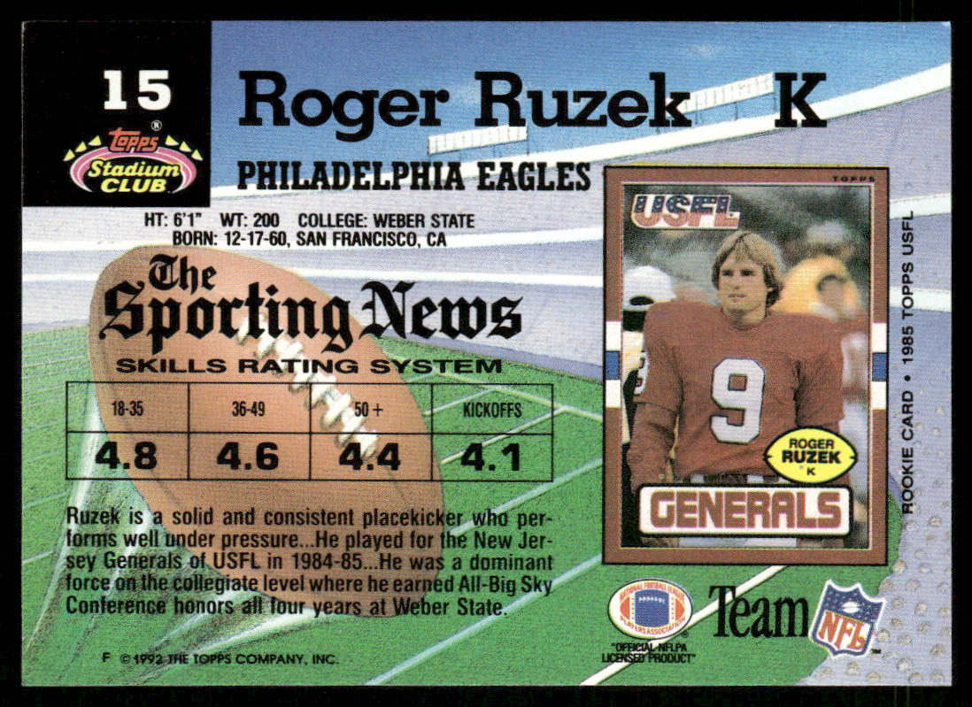 Roger Ruzek 1992 Stadium Club #15 Philadelphia Eagles