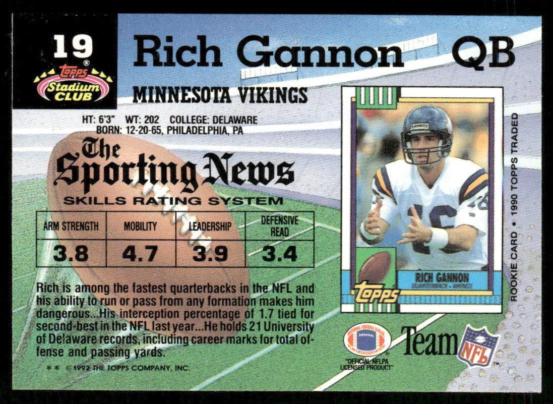 Rich Gannon 1992 Stadium Club #19 Minnesota Vikings
