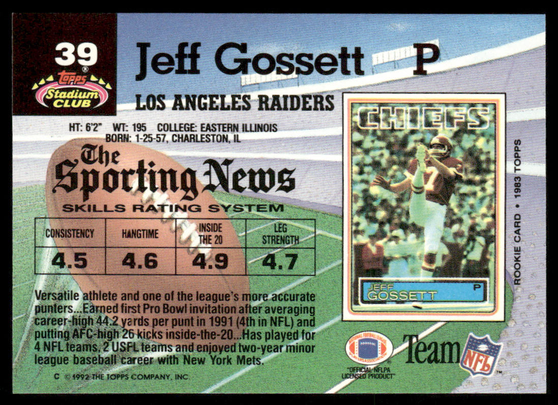 Jeff Gossett 1992 Stadium Club #39 Los Angeles Raiders