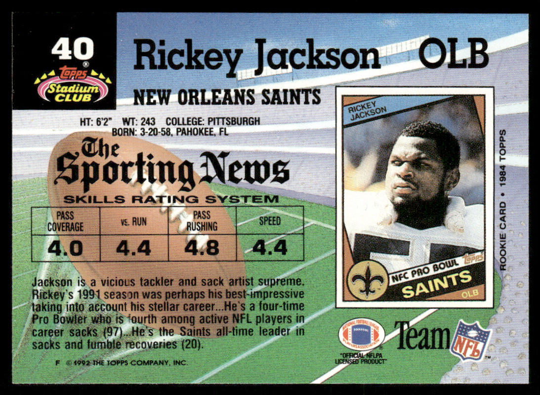 Rickey Jackson 1992 Stadium Club #40 New Orleans Saints