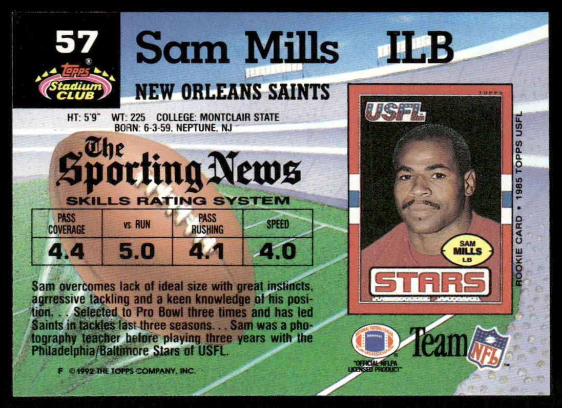 Sam Mills 1992 Stadium Club #57 New Orleans Saints