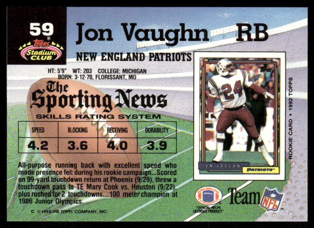 Jon Vaughn 1992 Stadium Club #59 New England Patriots
