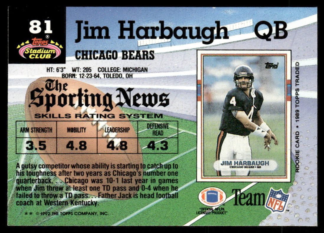 Jim Harbaugh 1992 Stadium Club #81 Chicago Bears