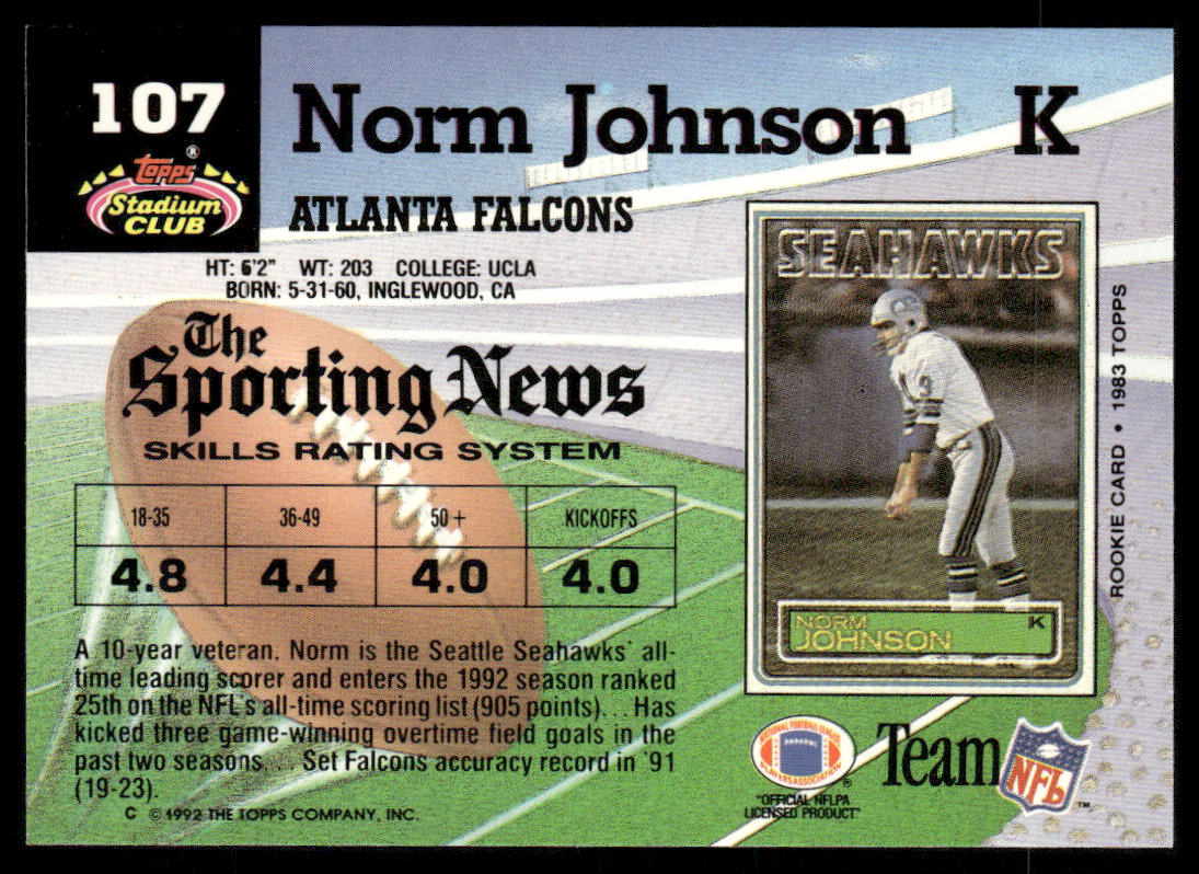 Norm Johnson 1992 Stadium Club #107 Atlanta Falcons