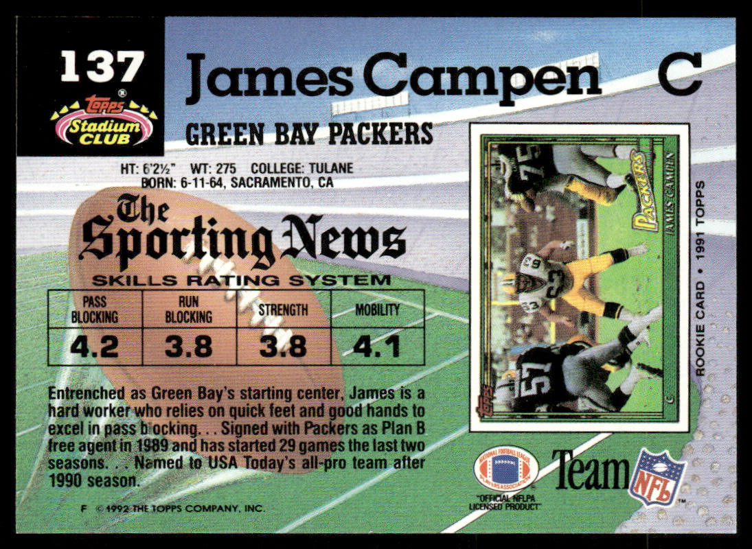 James Campen 1992 Stadium Club #137 Green Bay Packers