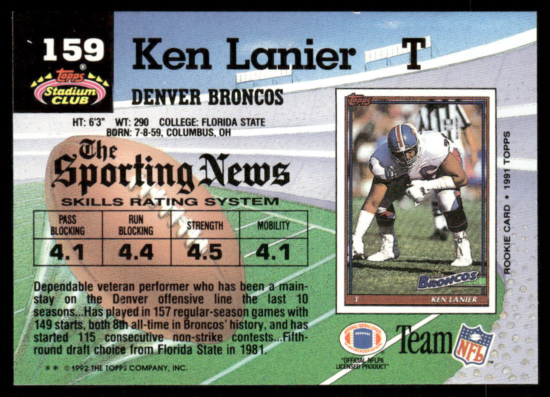 Ken Lanier 1992 Stadium Club #159 Denver Broncos
