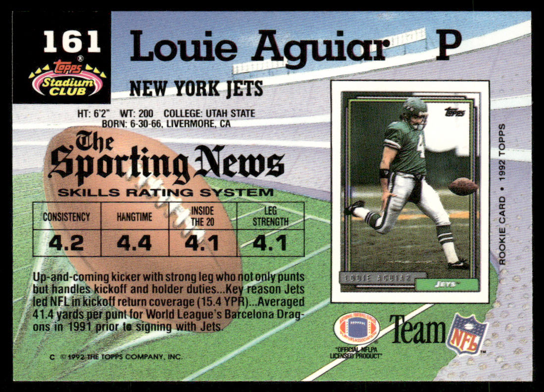 Louie Aguiar 1992 Stadium Club #161 RC New York Jets