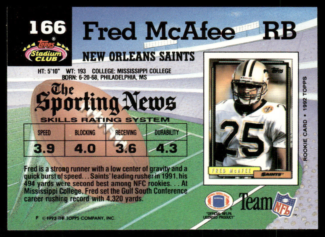Fred McAfee 1992 Stadium Club #166 RC New Orleans Saints