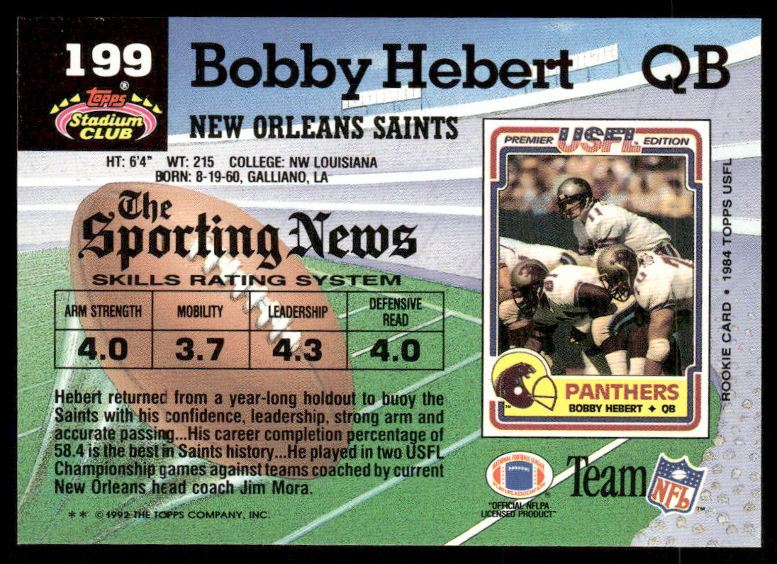 Bobby Hebert 1992 Stadium Club #199 New Orleans Saints