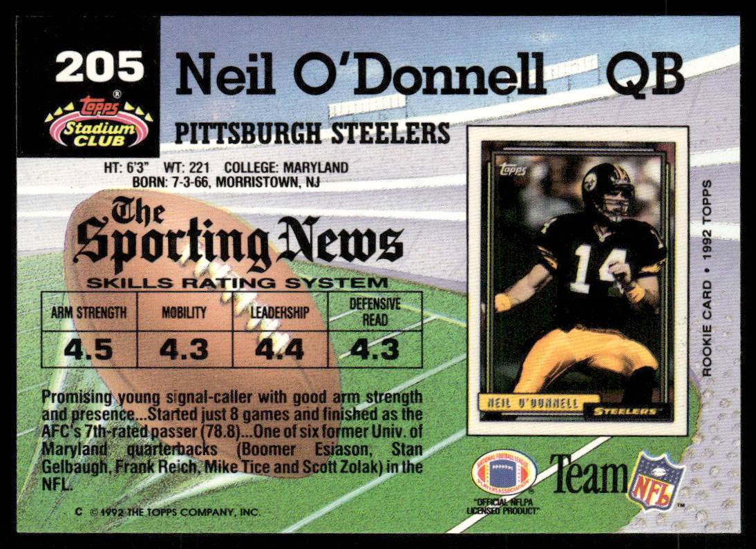 Neil O'Donnell 1992 Stadium Club #205 Pittsburgh Steelers