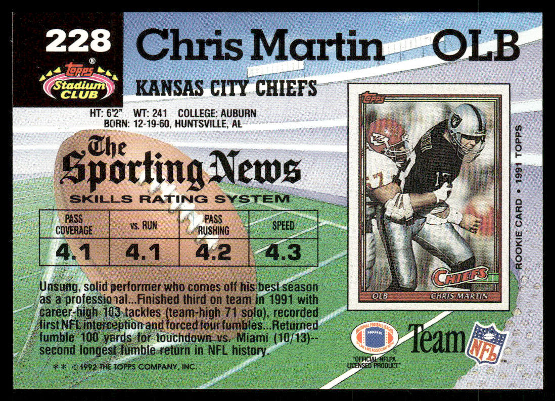 Chris Martin 1992 Stadium Club #228 Kansas City Chiefs