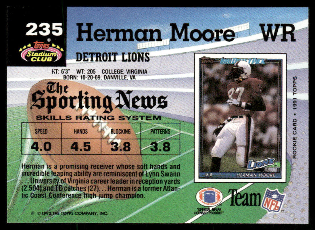 Herman Moore 1992 Stadium Club #235 Detroit Lions