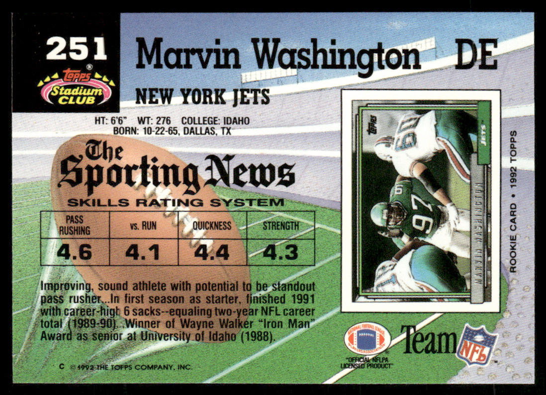 Marvin Washington 1992 Stadium Club #251 New York Jets