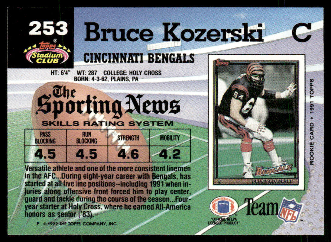 Bruce Kozerski 1992 Stadium Club #253 Cincinnati Bengals