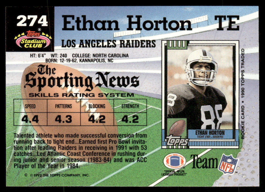 Ethan Horton 1992 Stadium Club #274 Los Angeles Raiders