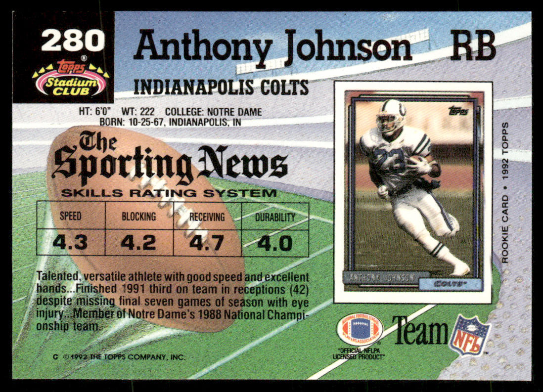 Anthony Johnson 1992 Stadium Club #280 Indianapolis Colts