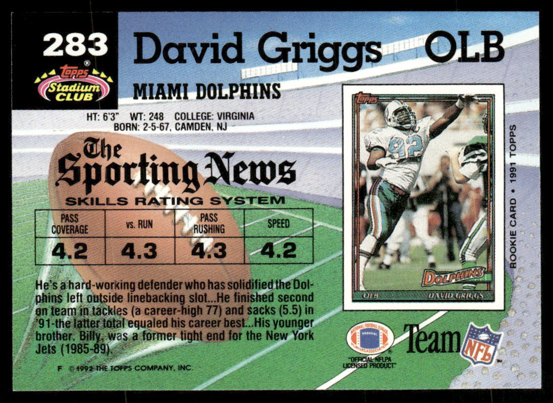 David Griggs 1992 Stadium Club #283 Miami Dolphins