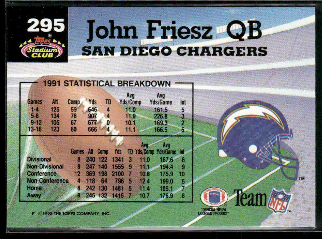 John Friesz 1992 Stadium Club #295 Members Choice San Diego Chargers