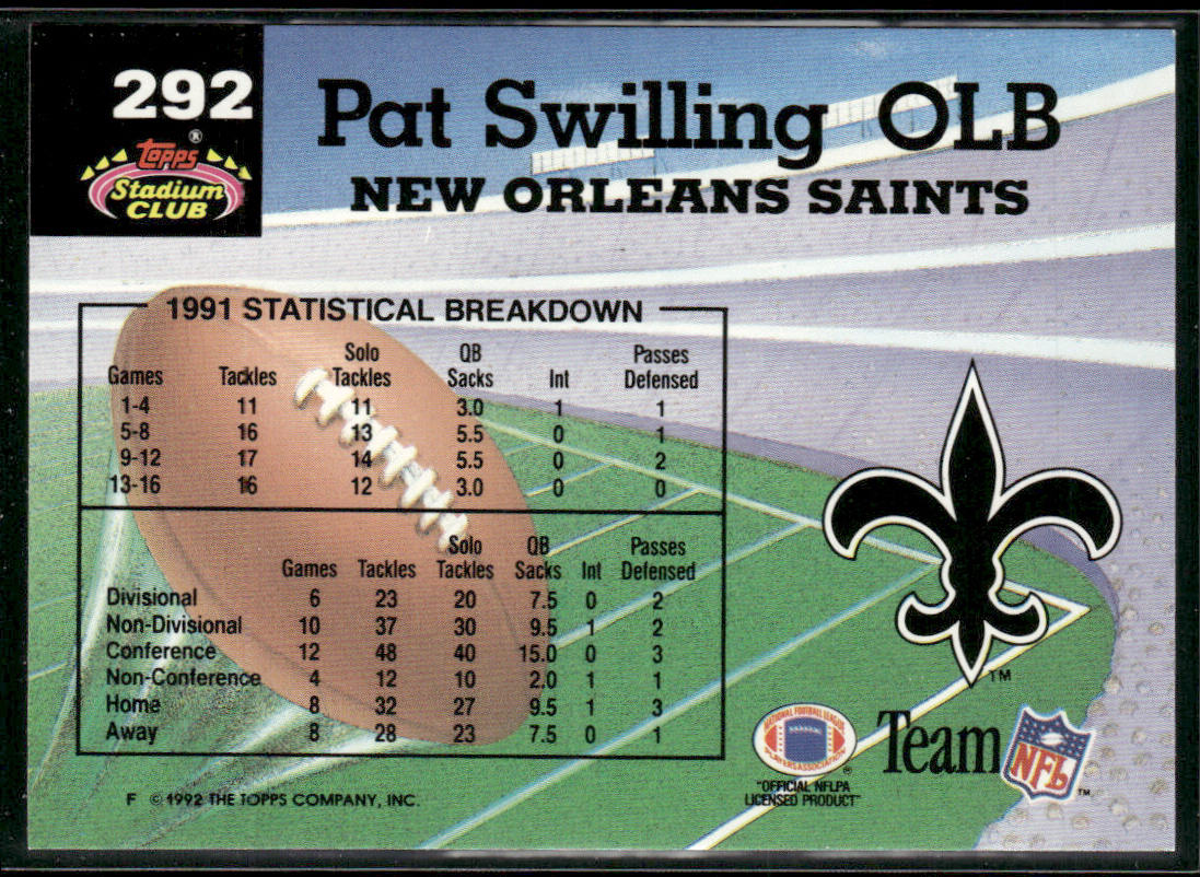 Pat Swilling 1992 Stadium Club #292 Members Choice New Orleans Saints
