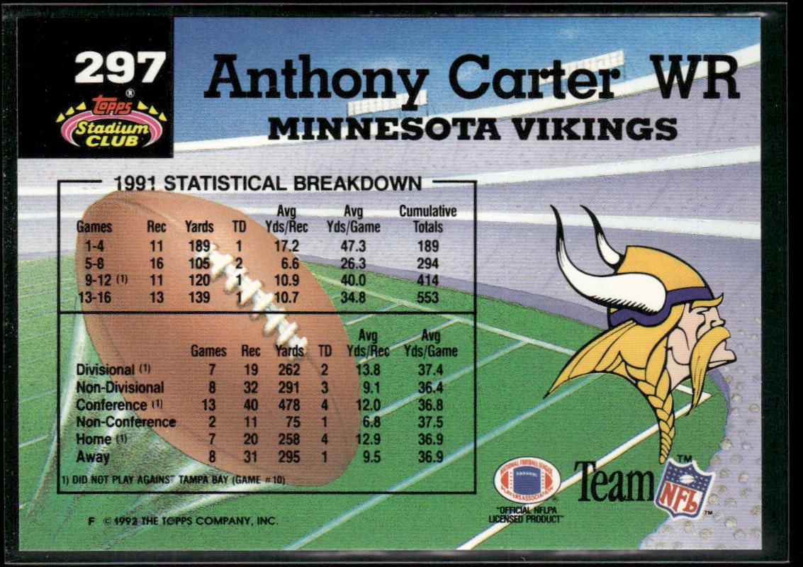 Anthony Carter 1992 Stadium Club #297 Members Choice Minnesota Vikings
