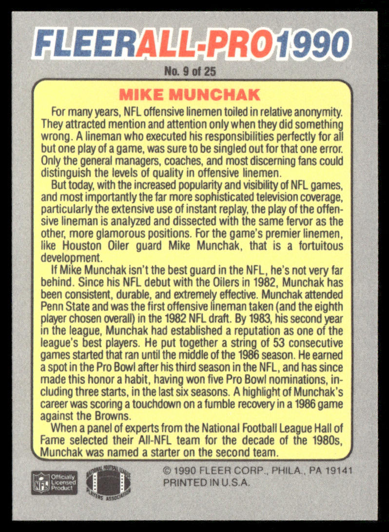 Mike Munchak 1990 Fleer All-Pro #9 Houston Oilers