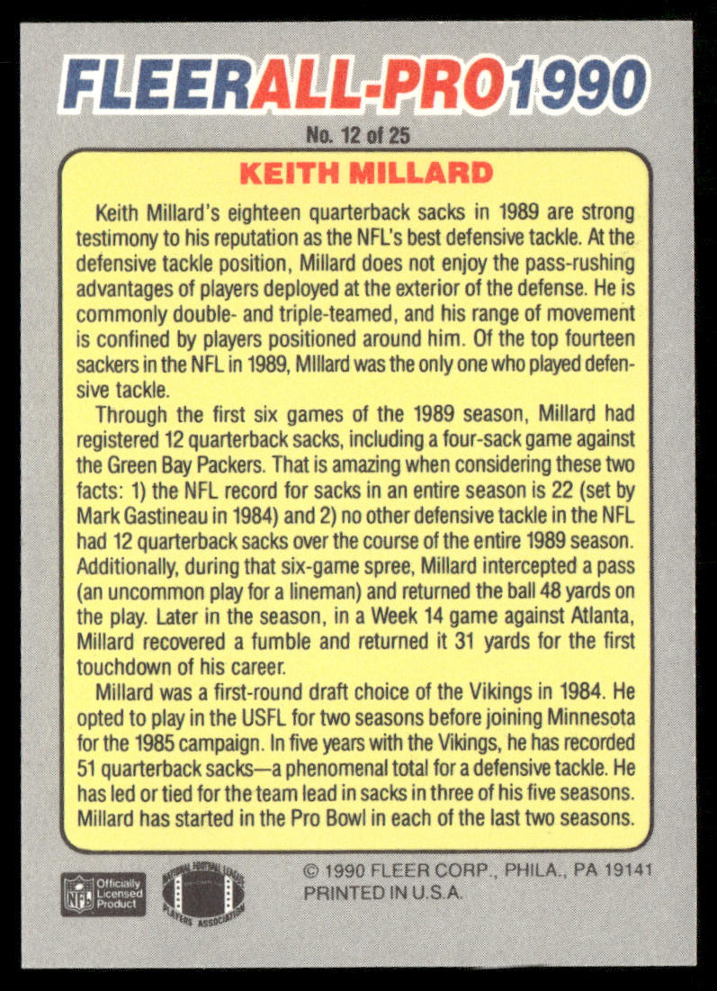Keith Millard 1990 Fleer All-Pro #12 Minnesota Vikings