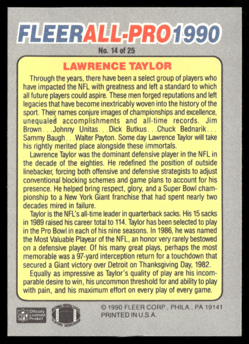 Lawrence Taylor 1990 Fleer All-Pro #14 New York Giants