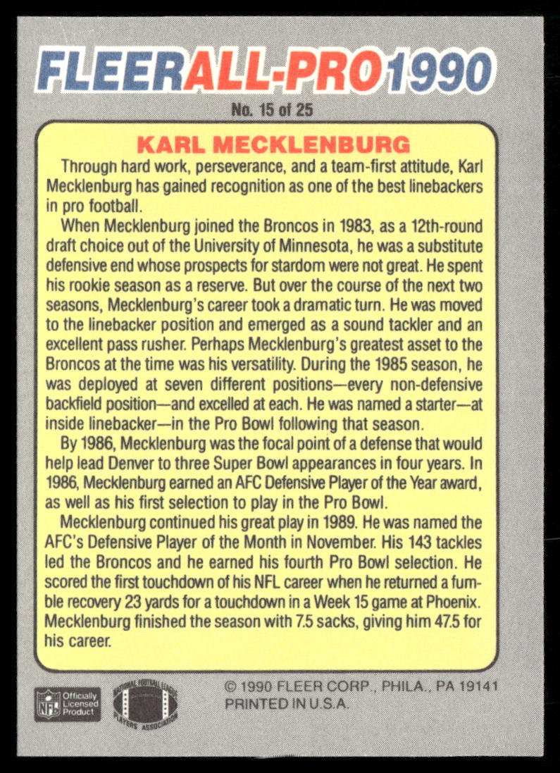 Karl Mecklenburg 1990 Fleer All-Pro #15 Denver Broncos