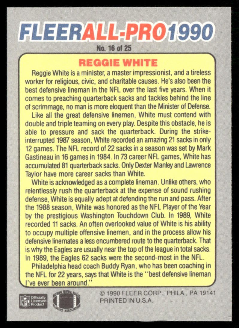 Reggie White 1990 Fleer All-Pro #16 Philadelphia Eagles