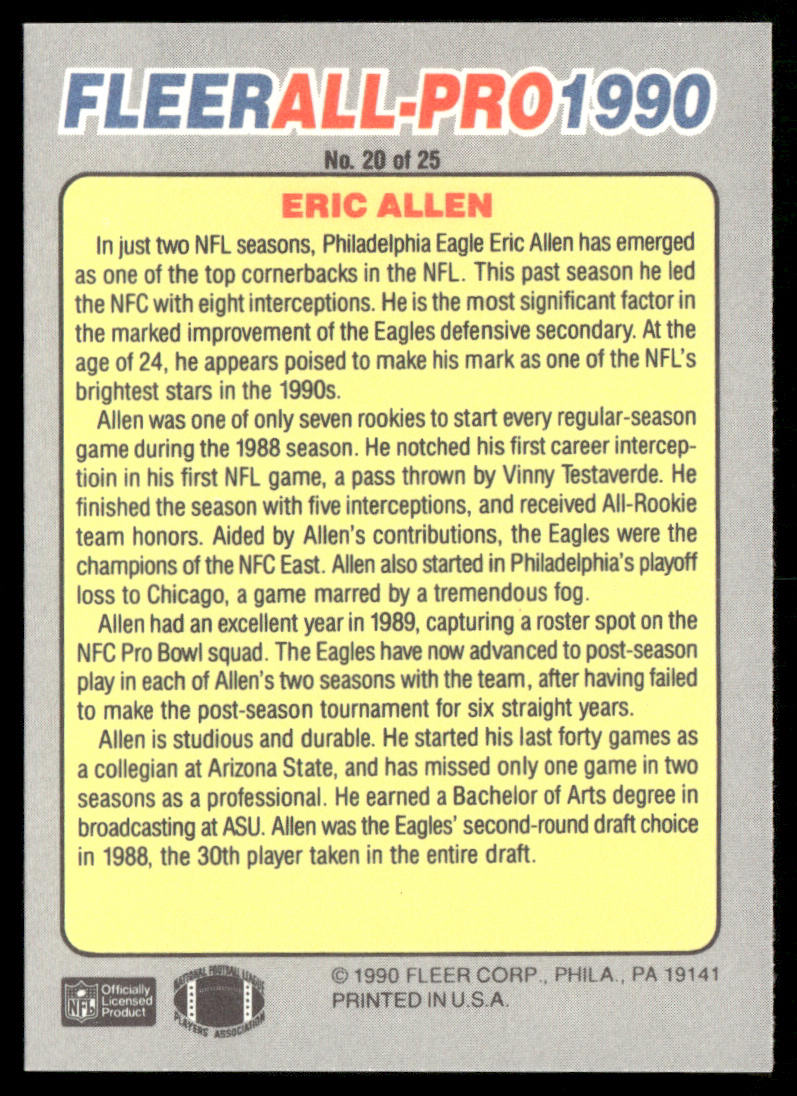 Eric Allen 1990 Fleer All-Pro #20 Philadelphia Eagles