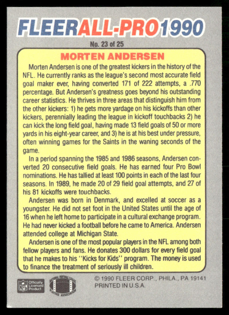 Morten Andersen 1990 Fleer All-Pro #23 New Orleans Saints