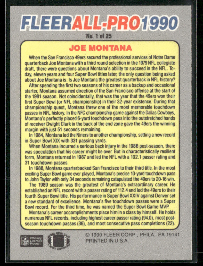 Joe Montana 1990 Fleer All-Pro #1 San Francisco 49ers