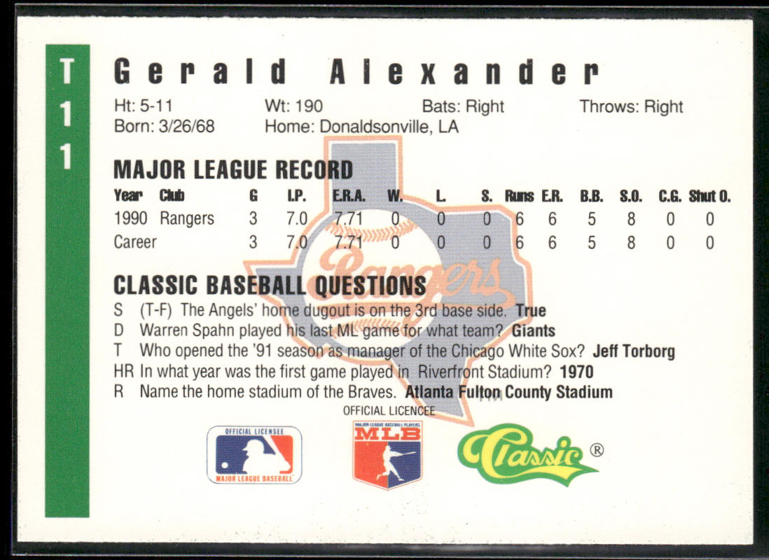 Gerald Alexander 1991 Classic III #T11 Texas Rangers