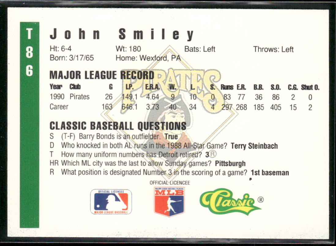John Smiley 1991 Classic III #T86 Pittsburgh Pirates