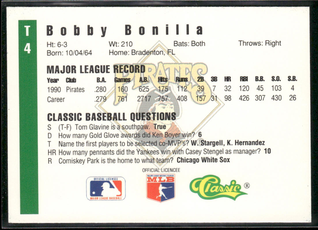 Bobby Bonilla 1991 Classic III #T4 Pittsburgh Pirates