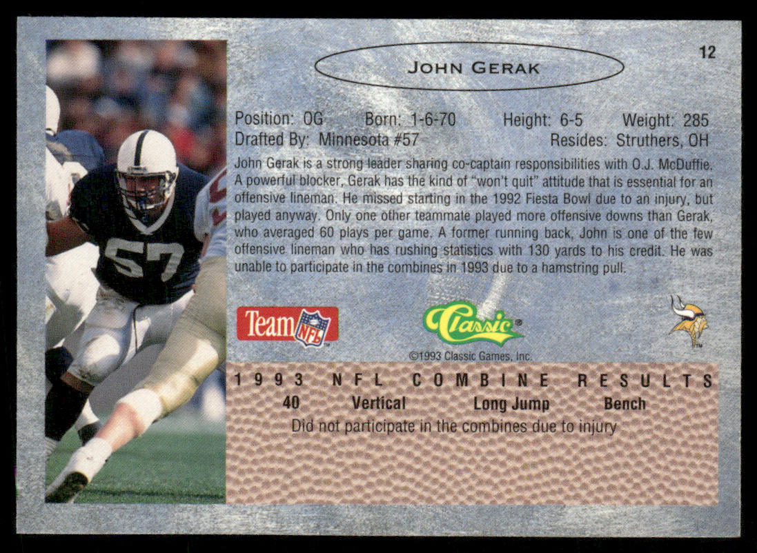 John Gerak 1993 Classic #12 Minnesota Vikings