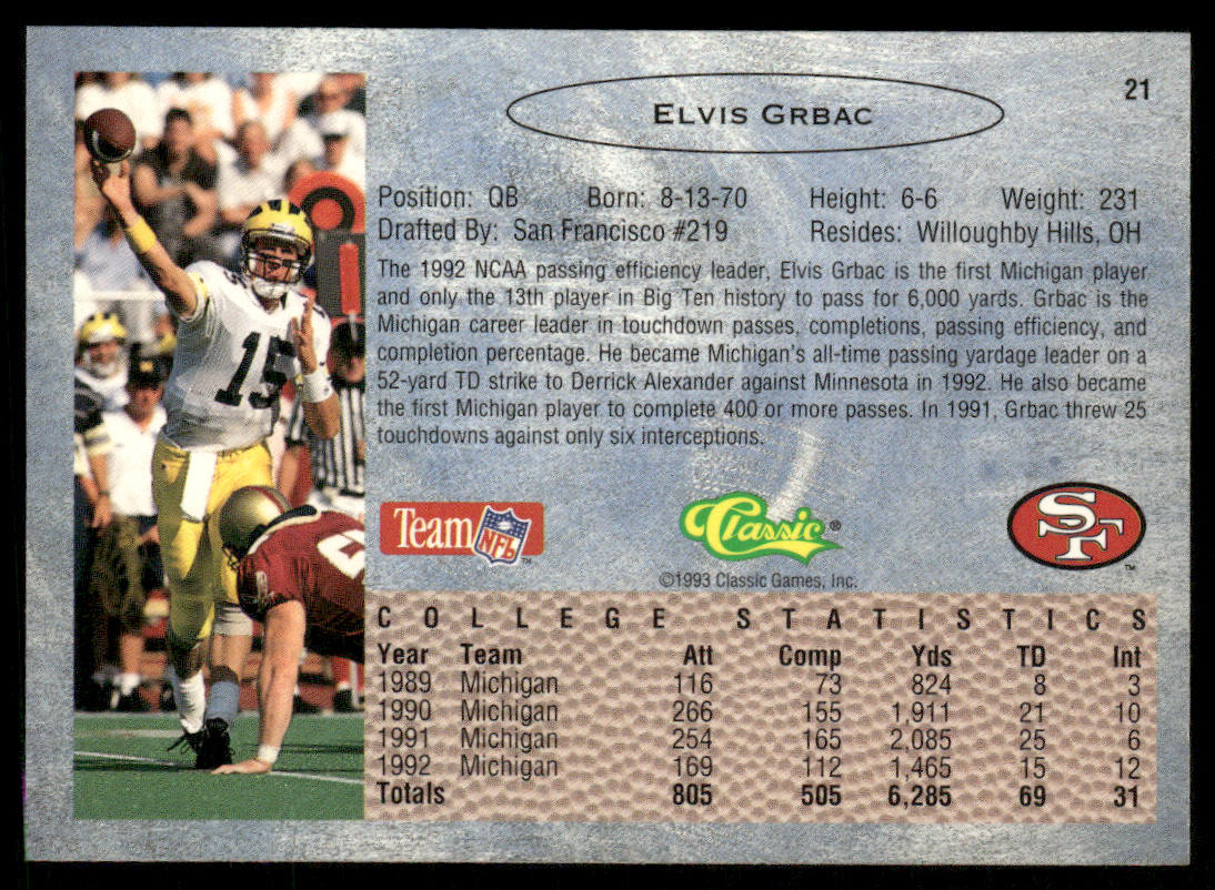 Elvis Grbac 1993 Classic #21 San Francisco 49ers