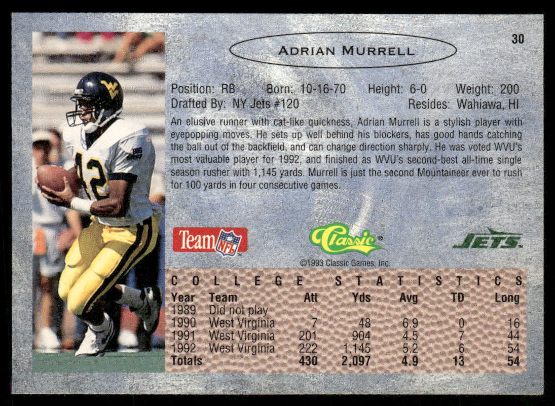 Adrian Murrell 1993 Classic #30 New York Jets