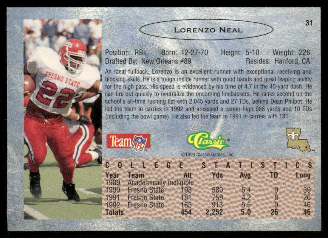 Lorenzo Neal 1993 Classic #31 New Orleans Saints