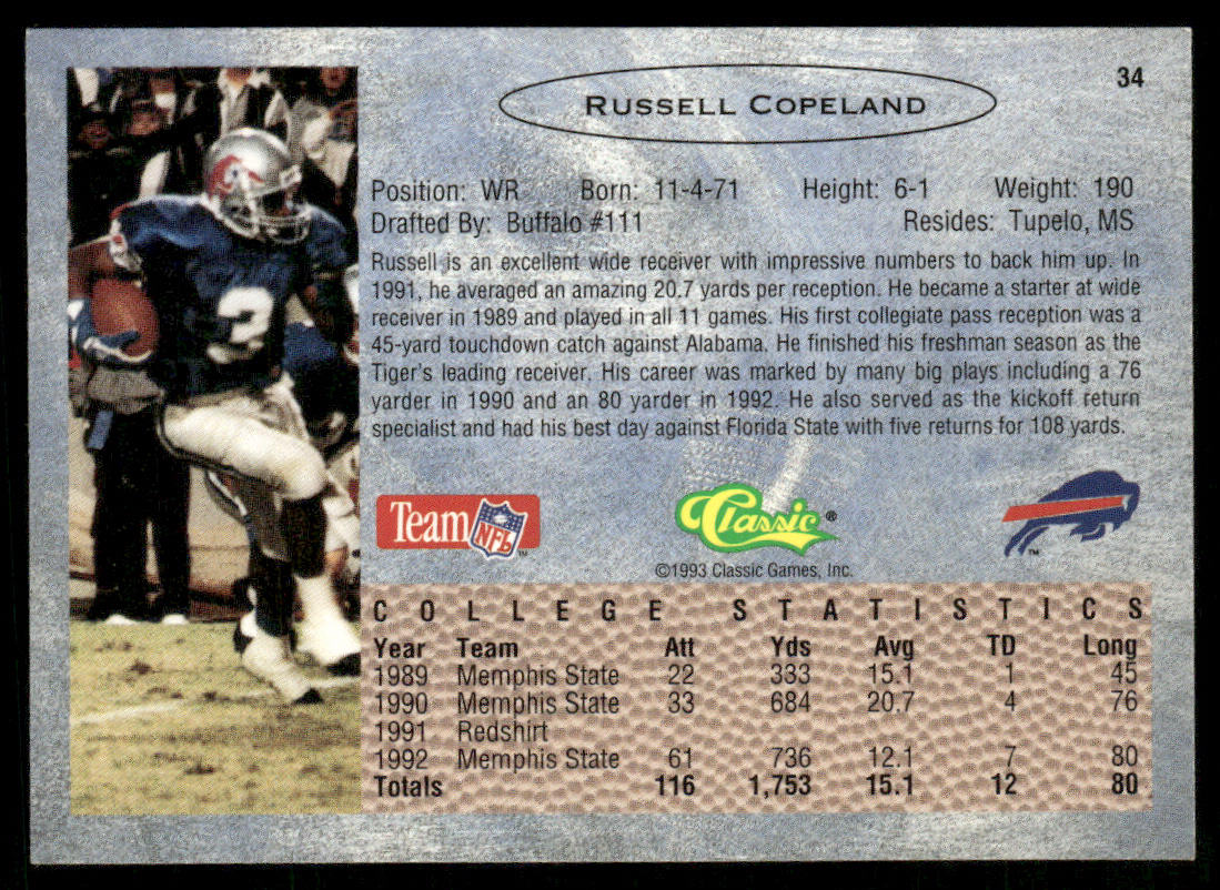 Russell Copeland 1993 Classic #34 Buffalo Bills