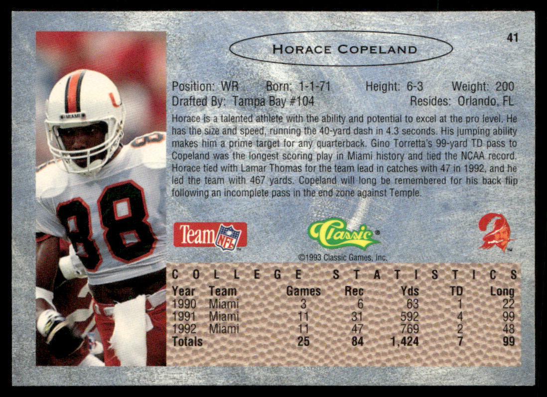 Horace Copeland 1993 Classic #41 Tampa Bay Buccaneers